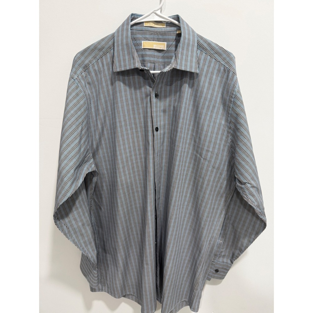 Michael Kors Mens Blue Black Micro Check Cotton Dress Shirt 16.5 32/33 L